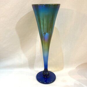 RICK STRINI Blue Iridescent Glass Champagne Flute Vase Signed 10" Tall